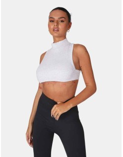 High Neck Racer Low Side Rib Crop Top Oatmeal Marl