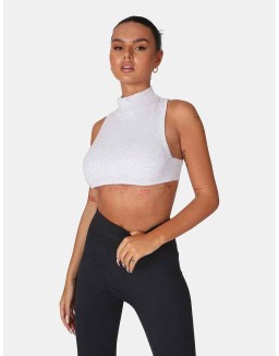 High Neck Racer Low Side Rib Crop Top Oatmeal Marl