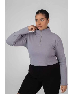 Curve High Neck Half Zip Pullover Top Grey Acid Wash