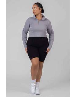 Curve High Neck Half Zip Pullover Top Grey Acid Wash
