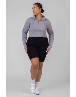 Curve High Neck Half Zip Pullover Top Grey Acid Wash