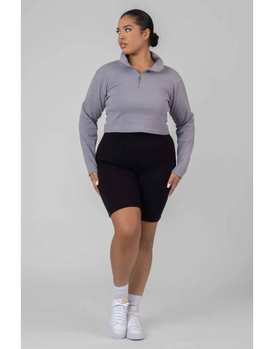 Curve High Neck Half Zip Pullover Top Grey Acid Wash