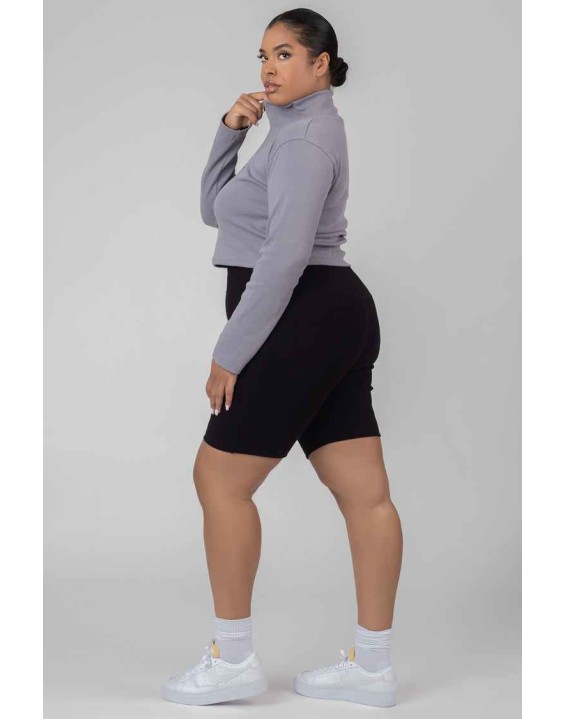 Curve High Neck Half Zip Pullover Top Grey Acid Wash
