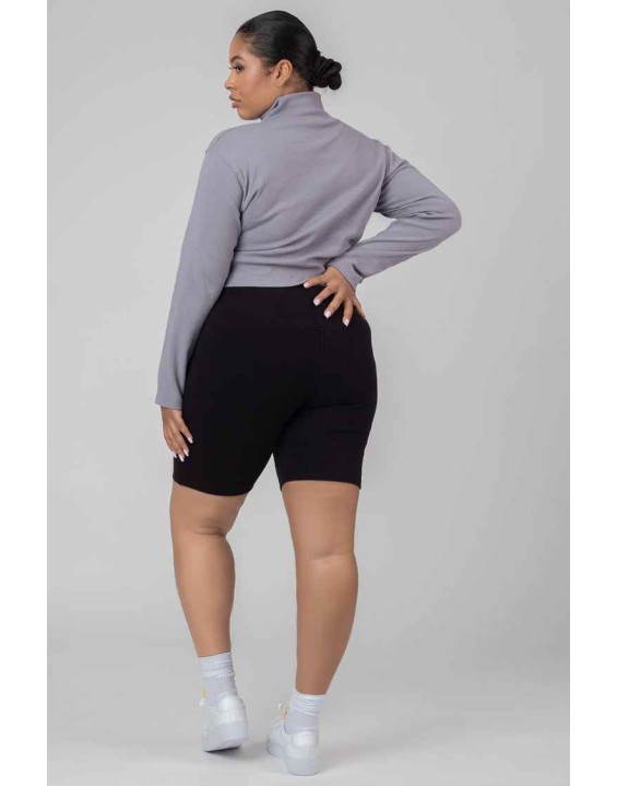 Curve High Neck Half Zip Pullover Top Grey Acid Wash