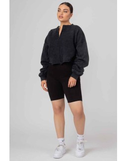 Double Ended Zip Cropped Sweat Acid Wash