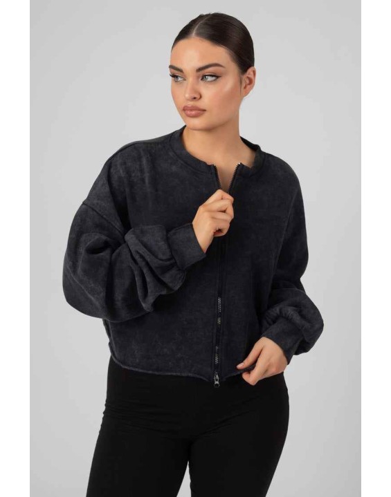 Double Ended Zip Cropped Sweat Acid Wash