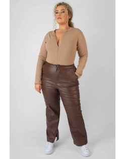 Curve Zip Front Ribbed Bodysuit Light Brown