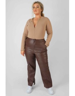 Curve Zip Front Ribbed Bodysuit Light Brown