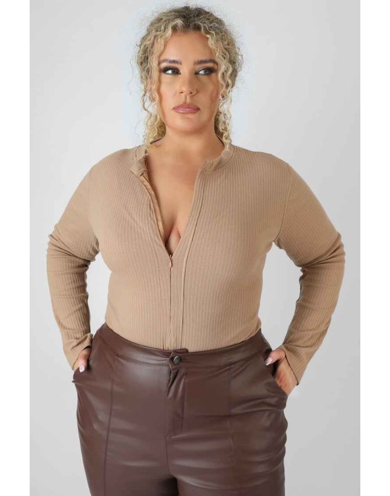 Curve Zip Front Ribbed Bodysuit Light Brown