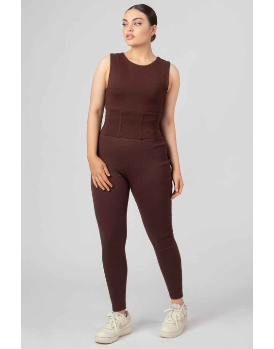 Thick Waistband Ribbed Leggings In Chocolate