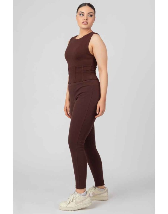 Thick Waistband Ribbed Leggings In Chocolate