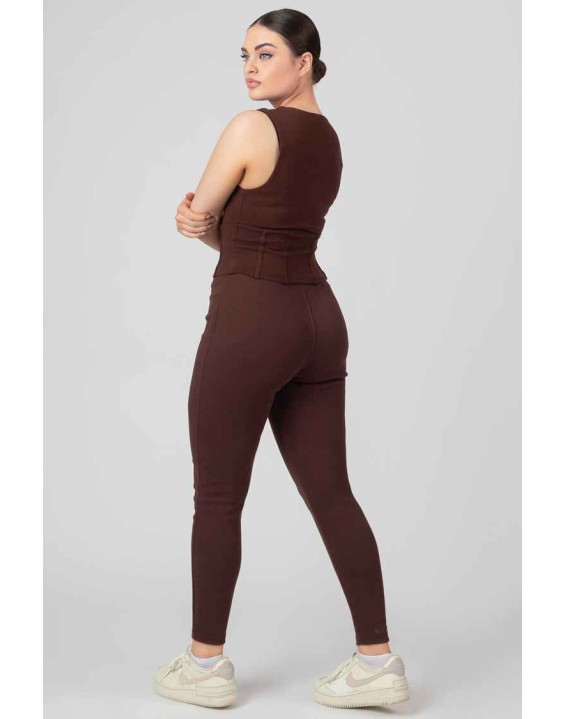 Thick Waistband Ribbed Leggings In Chocolate