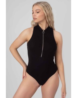 Zip Front Racer Bodysuit Black