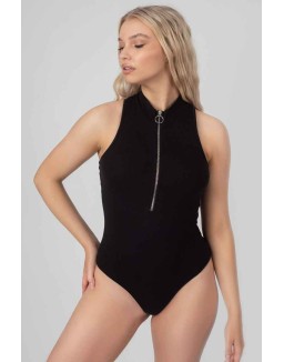Zip Front Racer Bodysuit Black