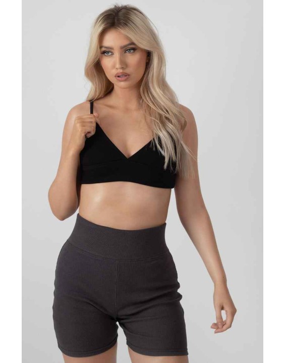 High Waisted Rib Cycling Shorts Dark Grey