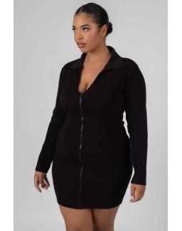 Curve Zip Through Collared Mini Dress Black