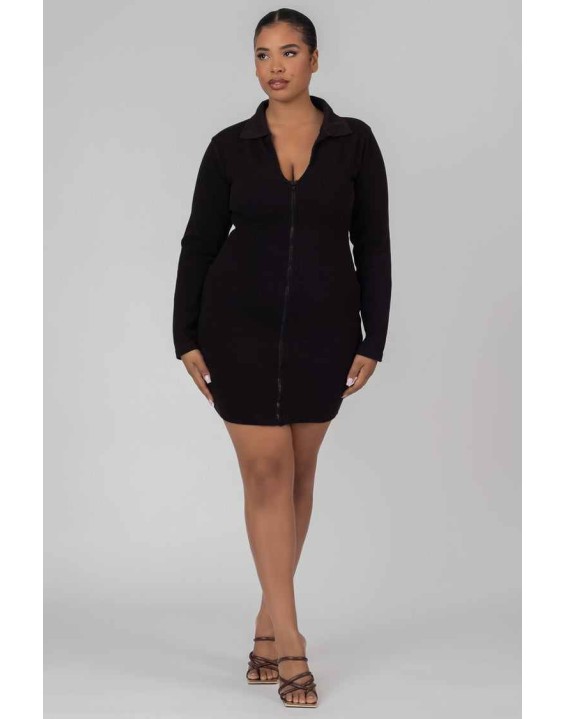 Curve Zip Through Collared Mini Dress Black