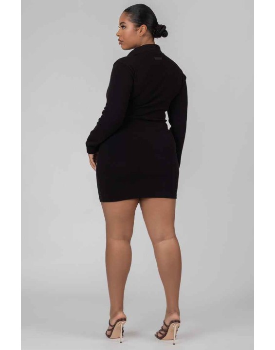 Curve Zip Through Collared Mini Dress Black