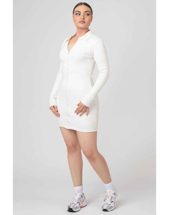 Zip Through Collared Mini Dress Ecru