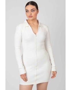 Zip Through Collared Mini Dress Ecru
