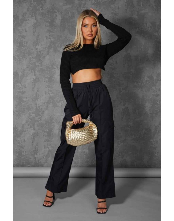 Open Chain Back Knitted Crop Top Black