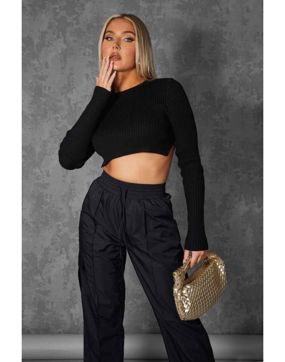 Open Chain Back Knitted Crop Top Black