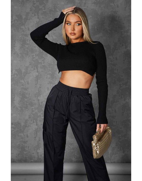 Open Chain Back Knitted Crop Top Black