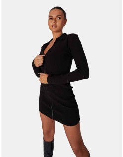 Zip Through Collared Mini Dress Black