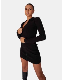 Zip Through Collared Mini Dress Black