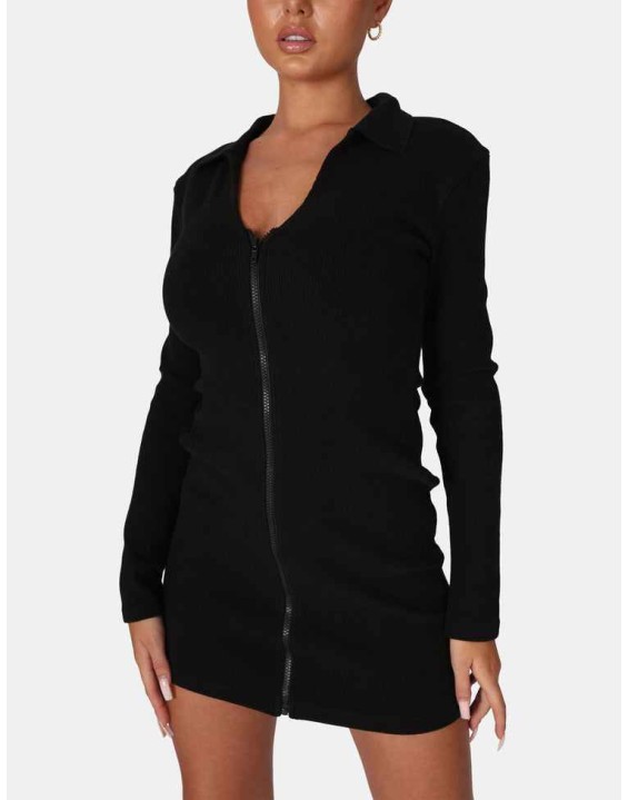 Zip Through Collared Mini Dress Black
