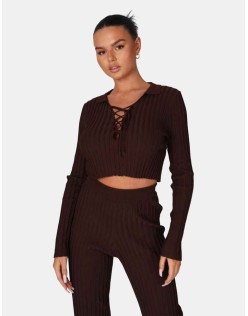 Lace Up Ribbed Crop Top Chocolate