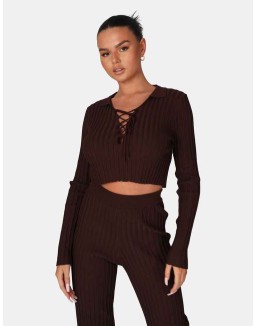 Lace Up Ribbed Crop Top Chocolate