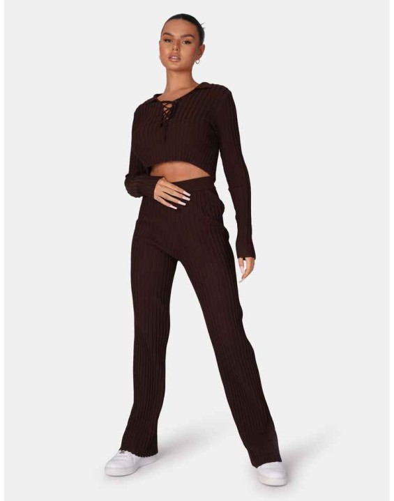 Lace Up Ribbed Crop Top Chocolate