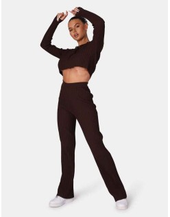 Ribbed Knitted Wide Leg Trousers Chocolate