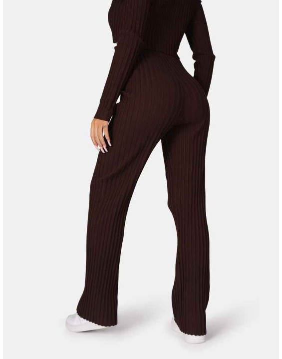 Ribbed Knitted Wide Leg Trousers Chocolate