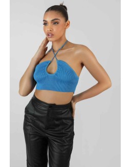 Blue Cut Out Halterneck Crop Top
