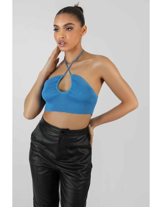 Blue Cut Out Halterneck Crop Top