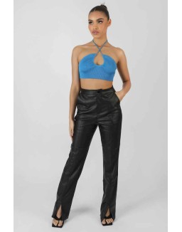 Blue Cut Out Halterneck Crop Top