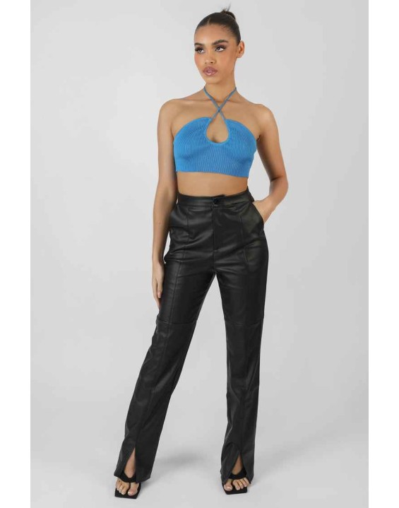 Blue Cut Out Halterneck Crop Top