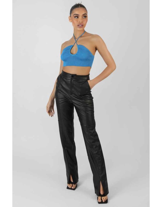Blue Cut Out Halterneck Crop Top