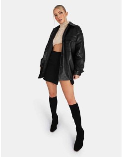 Vegan Leather Pocket Oversized Shacket Black