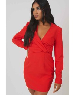 Plunge Front Drape Dress Red