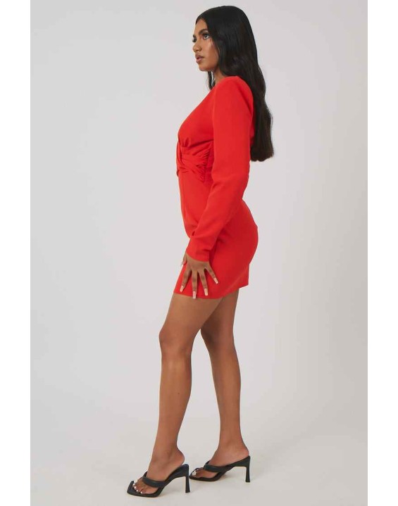 Plunge Front Drape Dress Red