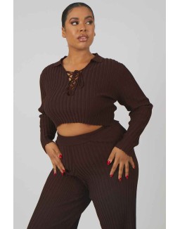Curve Lace Up Ribbed Knitted Crop Top Chocolate