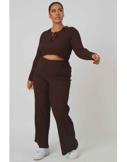 Curve Lace Up Ribbed Knitted Crop Top Chocolate