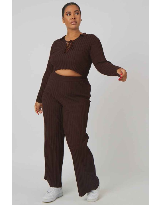 Curve Ribbed Knitted Wide Leg Trousers Chocolate