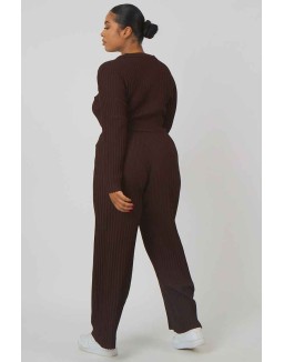 Curve Ribbed Knitted Wide Leg Trousers Chocolate