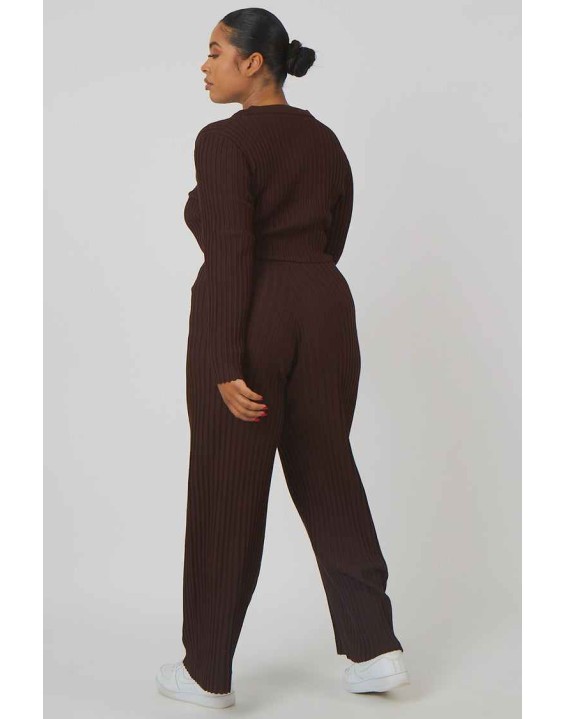 Curve Ribbed Knitted Wide Leg Trousers Chocolate