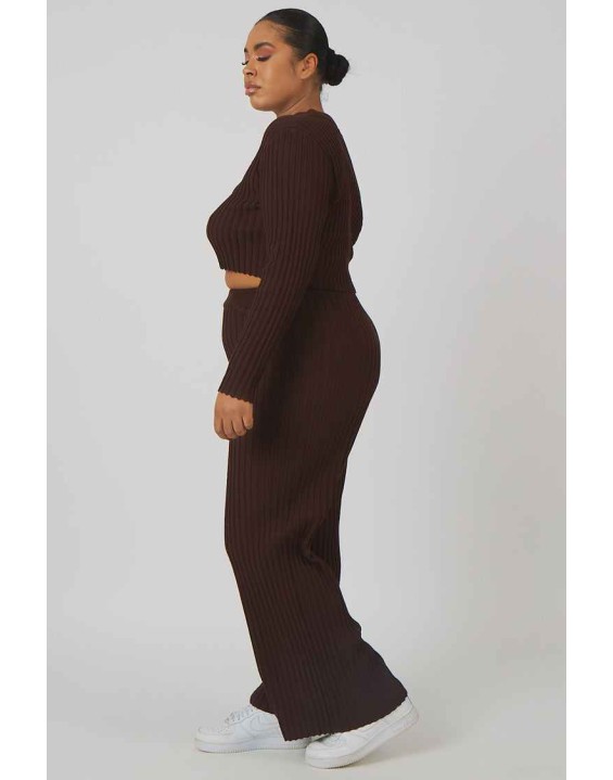 Curve Ribbed Knitted Wide Leg Trousers Chocolate