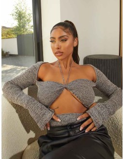 Space Dye Cut Out Strappy Long Sleeve Bodysuit Brown